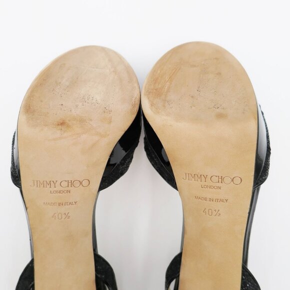 Jimmy Choo London Black Kayden Ankle Strap Sandal 40.5 Leather Suede Glitter - Picture 11 of 14